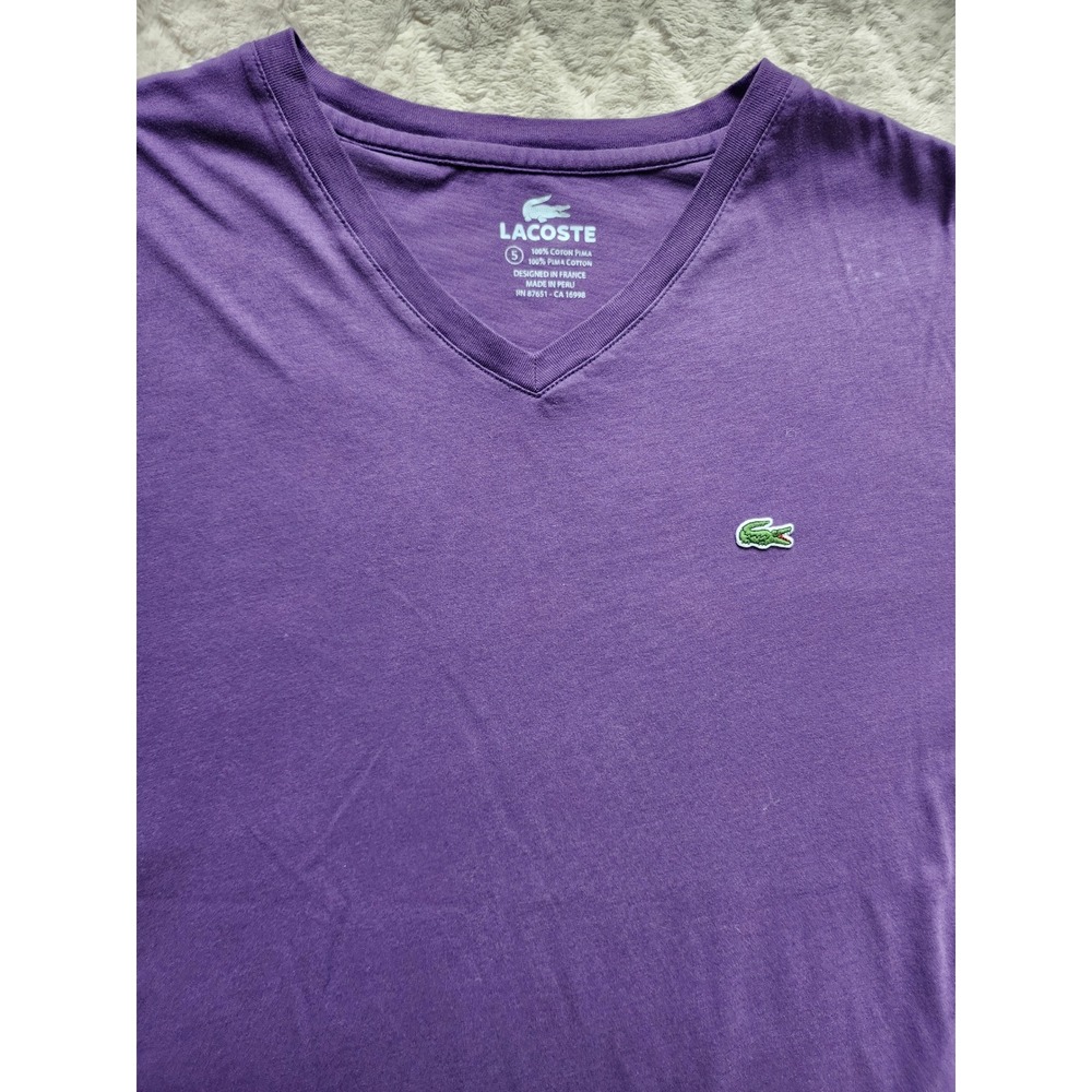 Lacoste Mens Purple V-Neck Pima Cotton Short Sleeve T-Shirt Size 5 Large